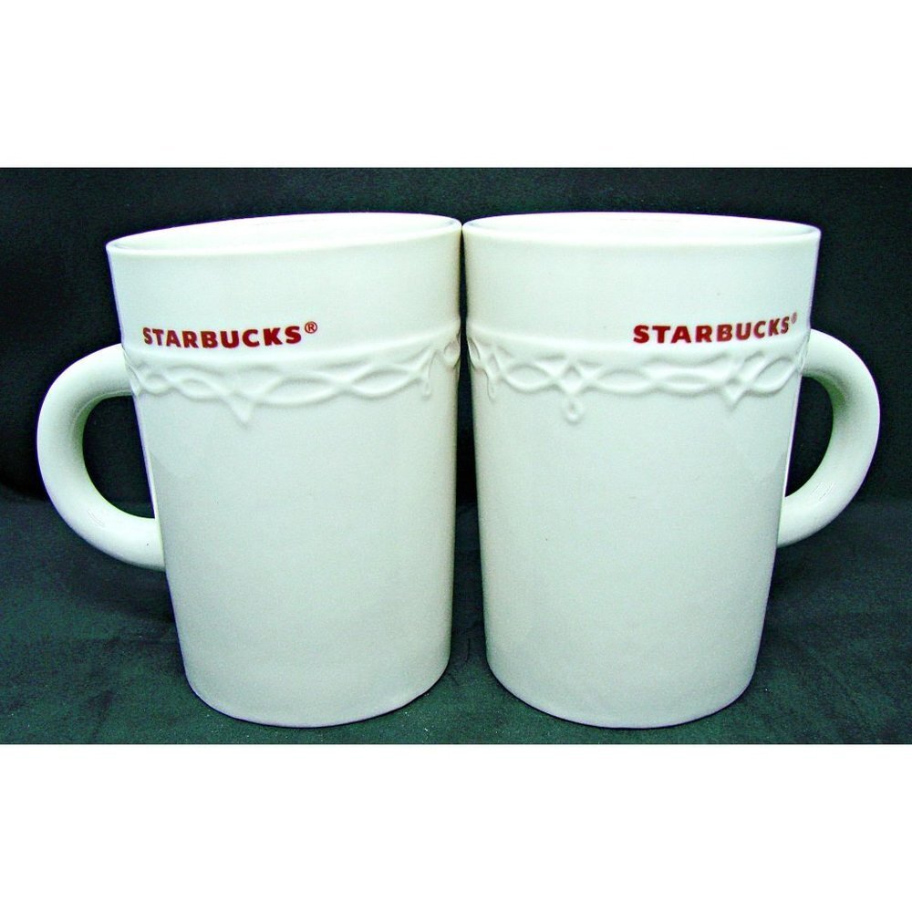 Set of Starbucks 2010 Embossed Lace 10 oz Coffee Tea Mugs Cups White Red Set 2